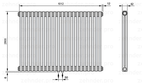 Схема (чертеж) Радиатор Zehnder Charleston 2280/22 №3470 Белый глянцевый RAL 9016